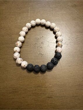 Beaded White Marble & Black Lava Stretch Bracelet